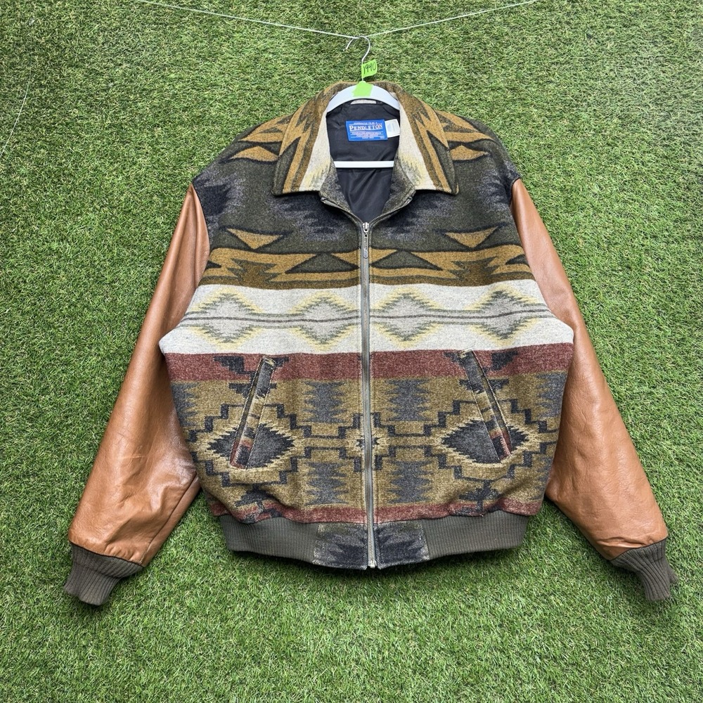 VTG Pendleton Navajo Aztec Jacket Mens XL Southwestern Wool Leather Blanket Coat